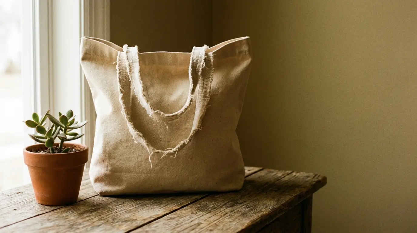 Canvas tote bag and potted plant on rustic wooden table by window
