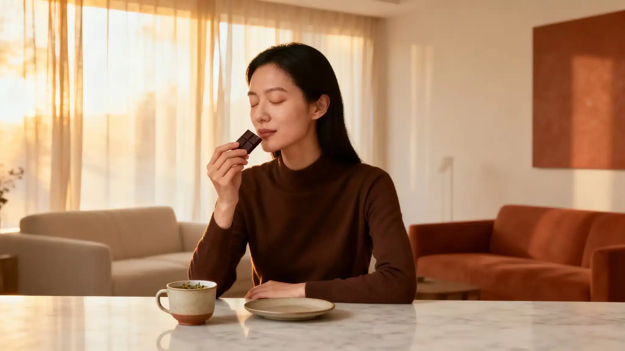 Person savoring chocolate in cozy living room with warm sunlight and modern furniture