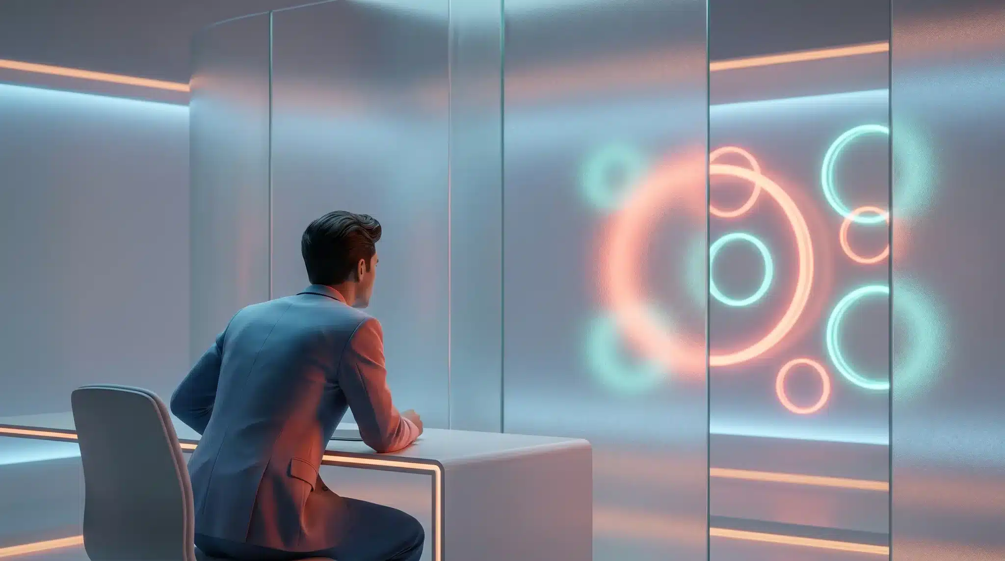 Man in modern office observing neon-lit digital interface displaying circular patterns