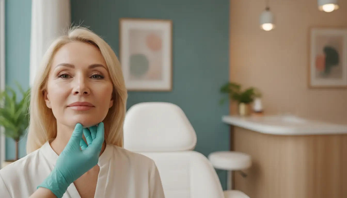 Blonde woman in clinic chair with gloved hand examining chin in modern office setting