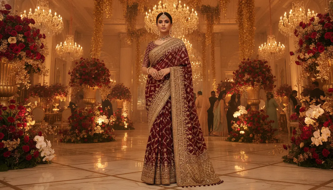 Woman in ornate maroon saree standing in grand ballroom with chandeliers and red floral decorations
