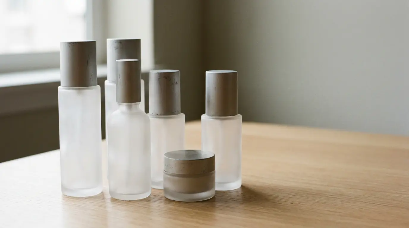 Frosted glass skincare bottles with metal caps on a wooden table in soft natural light