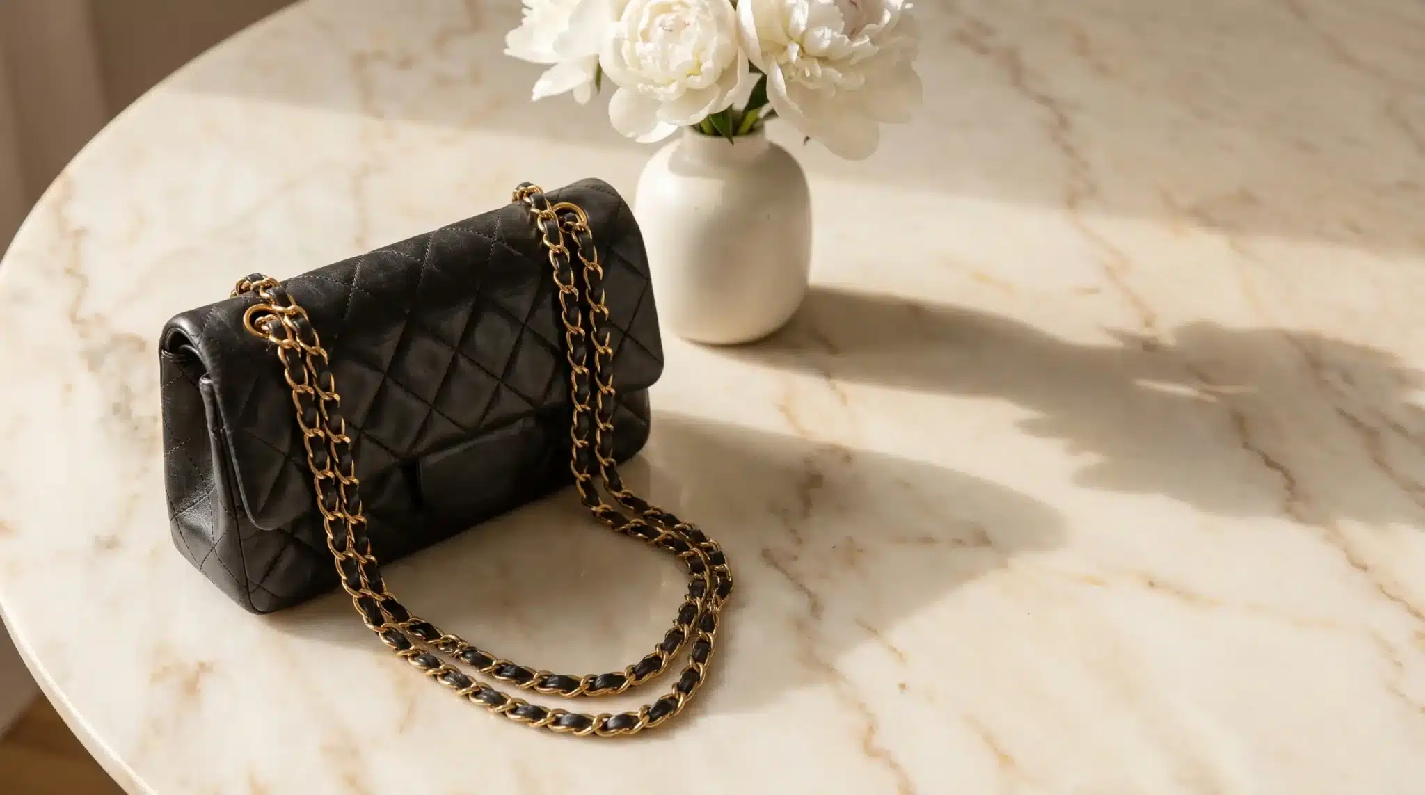 Black quilted handbag with gold chain on marble table next to white flowers in vase