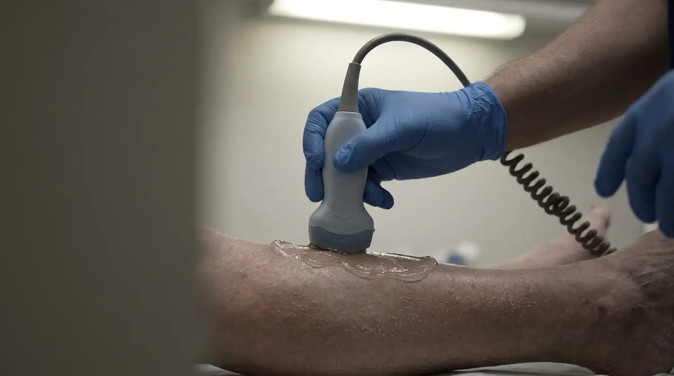 Medical professional using ultrasound device on patient's leg in clinical setting
