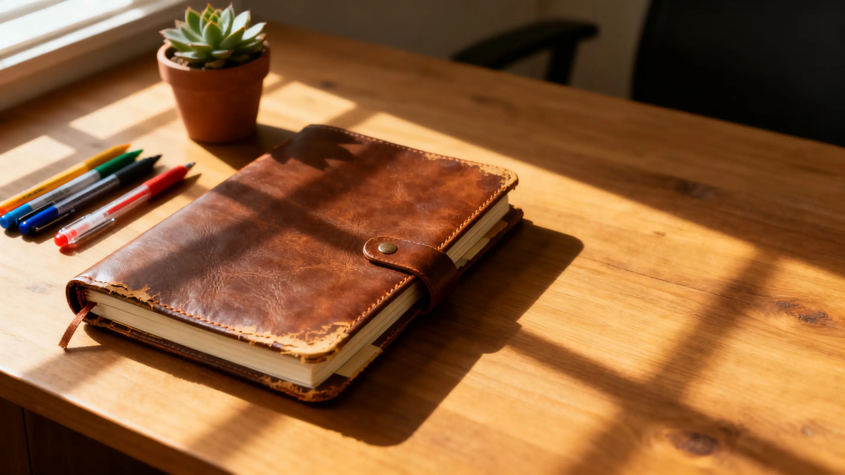 Vintage leather journal and pens on sunlit wooden desk with small potted succulent