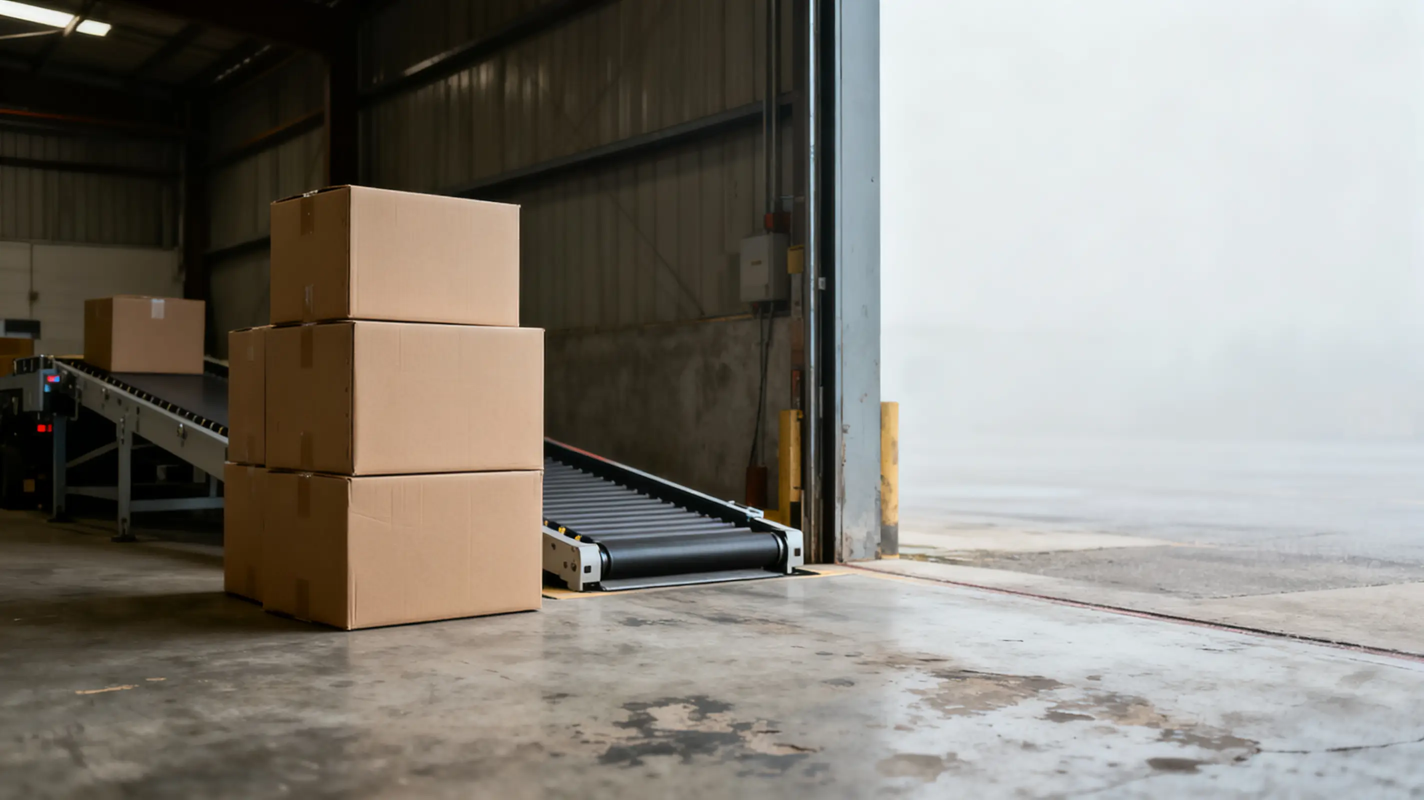 Cardboard boxes stacked on warehouse floor near a conveyor belt and open loading dock door
