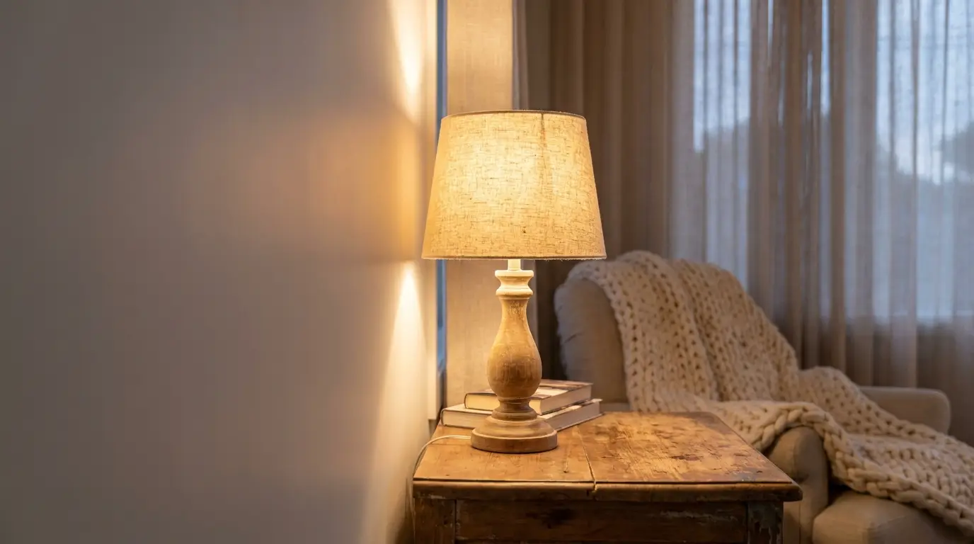 Warmly lit table lamp on wooden nightstand beside armchair with knitted throw blanket