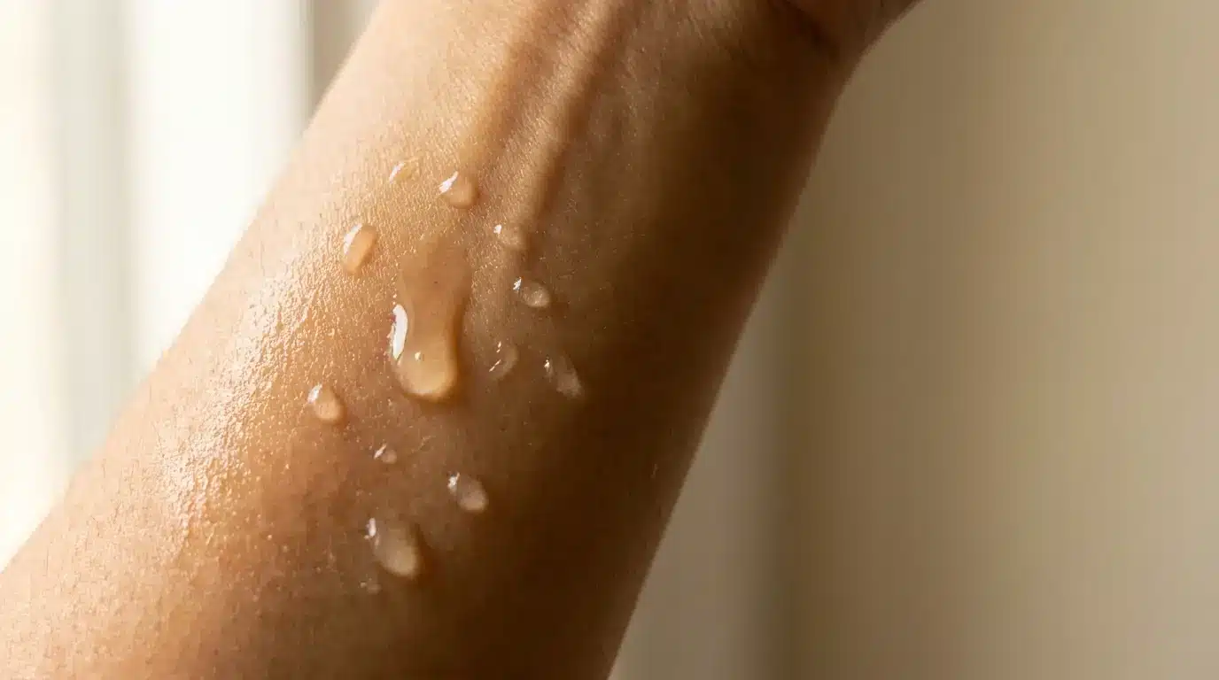 Drops of liquid on forearm skin in bright natural light