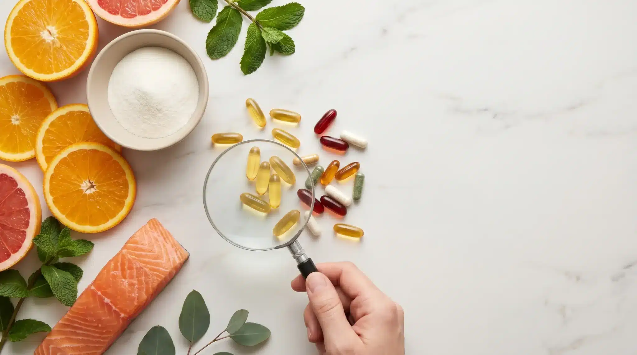 Hand holding magnifying glass over pills with salmon, citrus, and herbs on marble surface