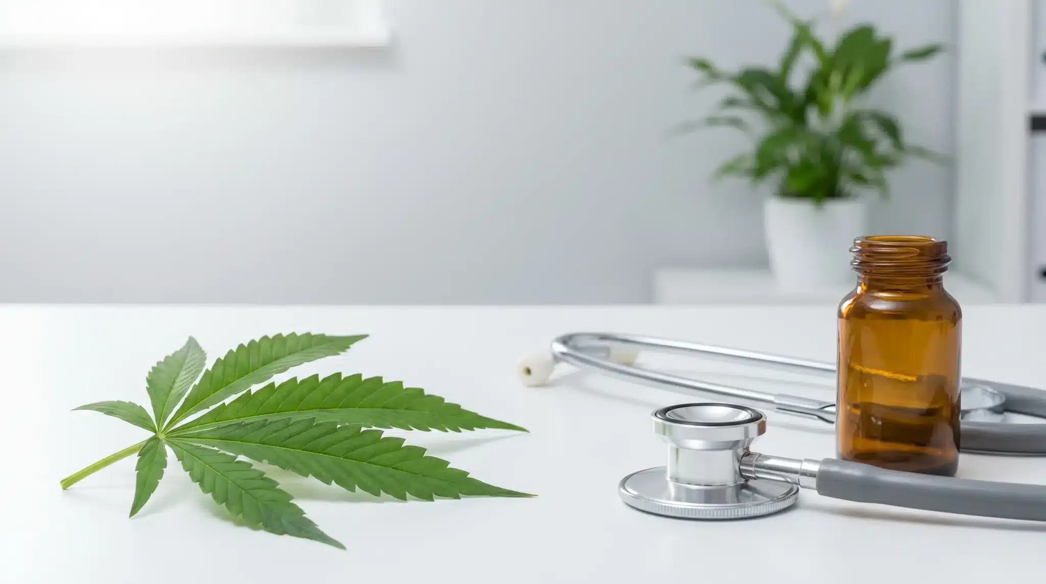 Cannabis leaf, stethoscope, and amber medicine bottle on white table in medical office