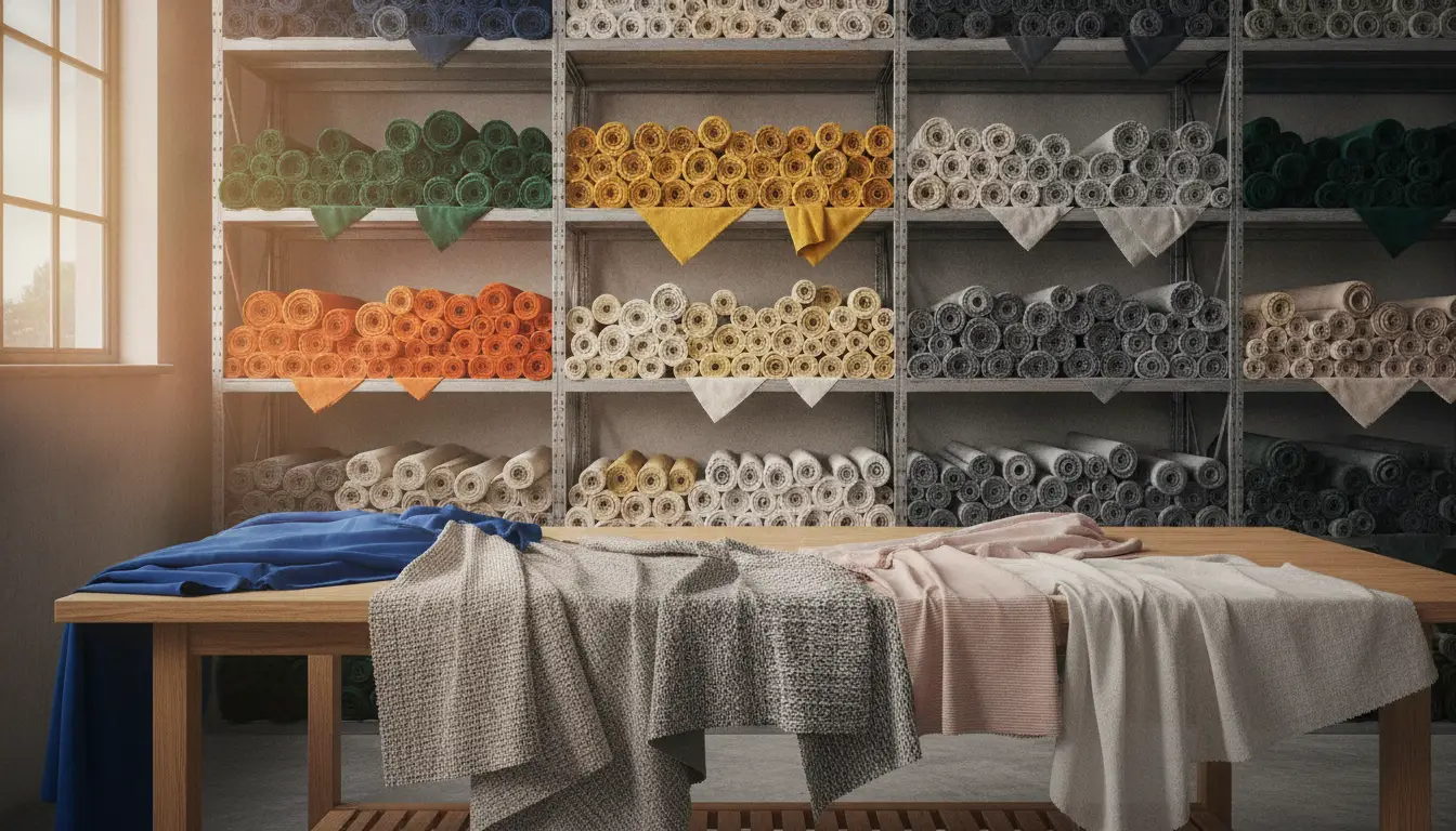 Textile rolls and fabric samples displayed on wooden table in sunlit room with shelves