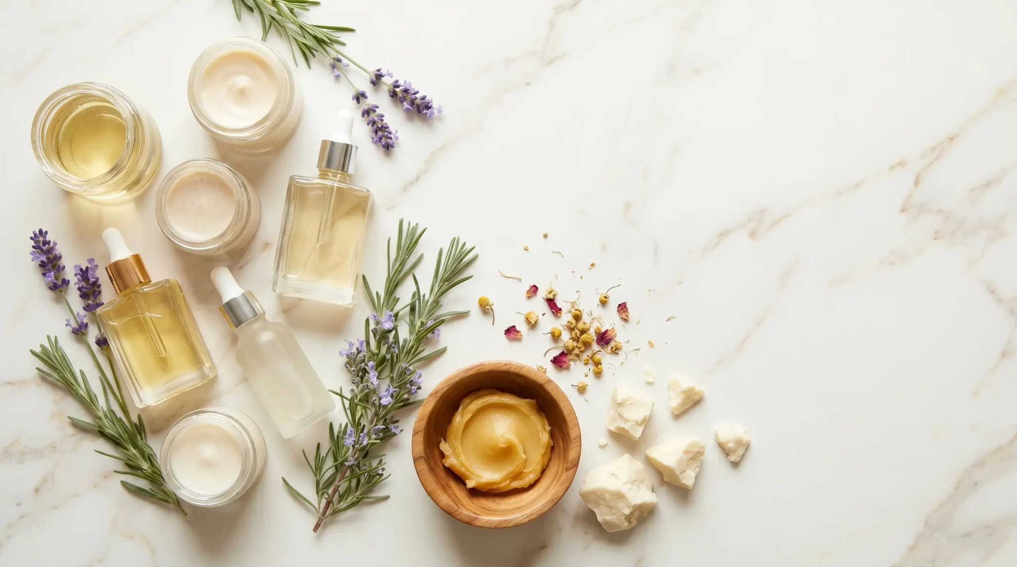 Natural skincare products with lavender and rosemary on marble surface