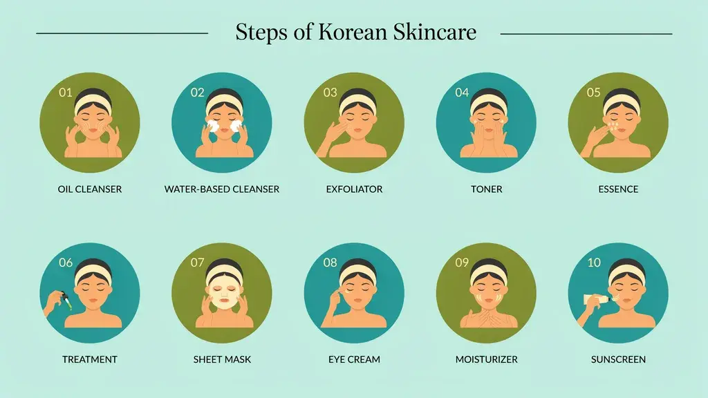 Korean skincare routine infographic showing 10 steps from cleansers and toner to masks, moisturizer and sunscreen.