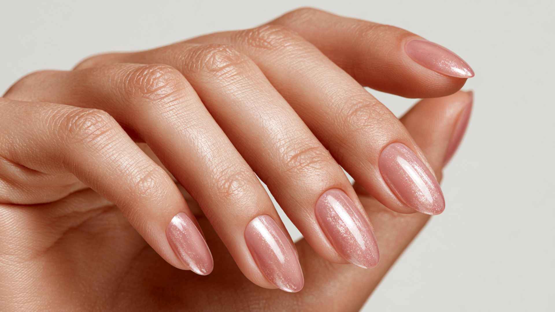 Close up of pale pink glazed donut nails with a sheer blush base and soft pearl chrome shine under natural light
