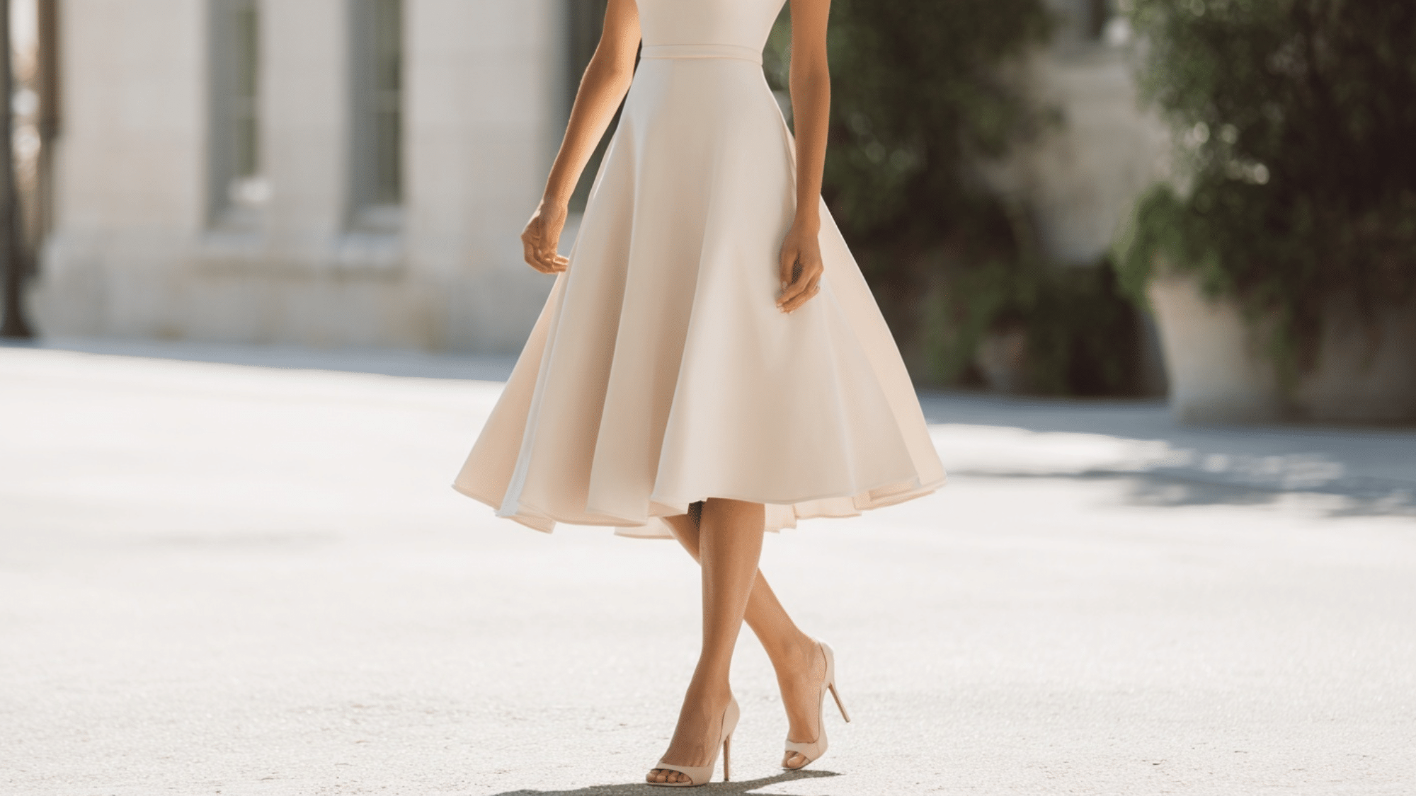 Woman wearing an elegant A-line tea-length dress with a fitted waist and softly flowing mid-calf skirt.