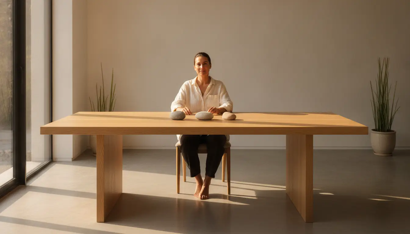 Person sitting at wooden table with three stones in minimalist room, natural light streaming in