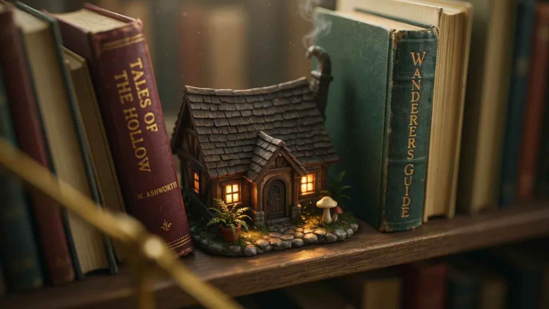 Miniature book nook tucked between upright books on a shelf