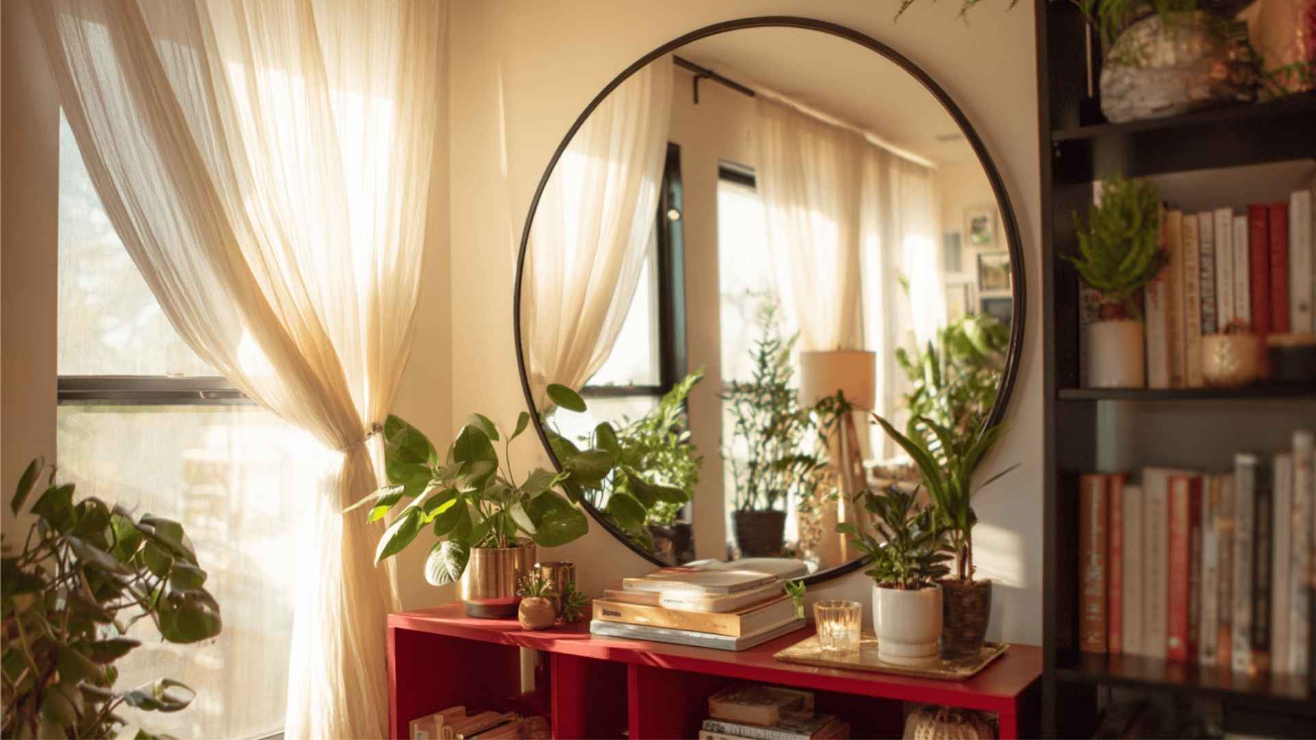 Small mirror leaned behind books to reflect light on a shelf