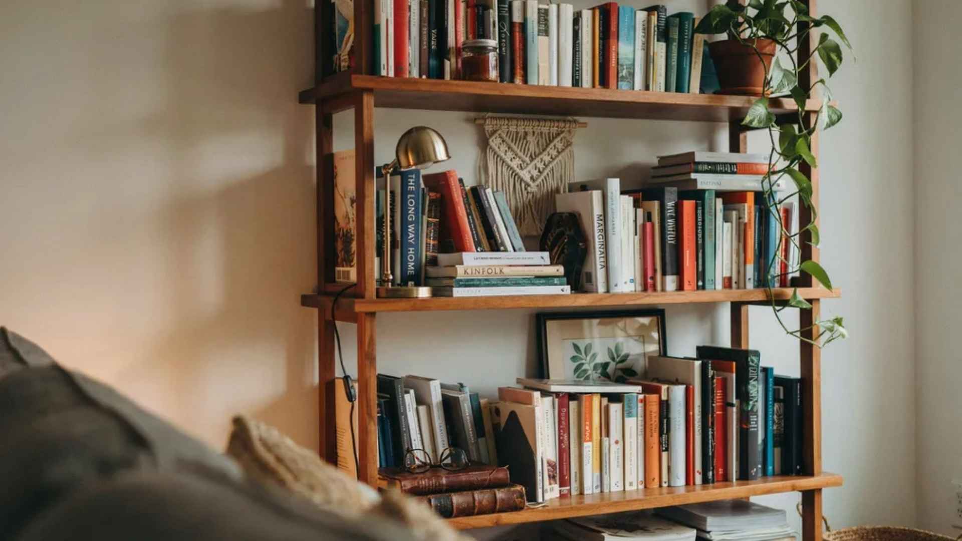 Small woven wall hanging tucked behind one bookshelf section