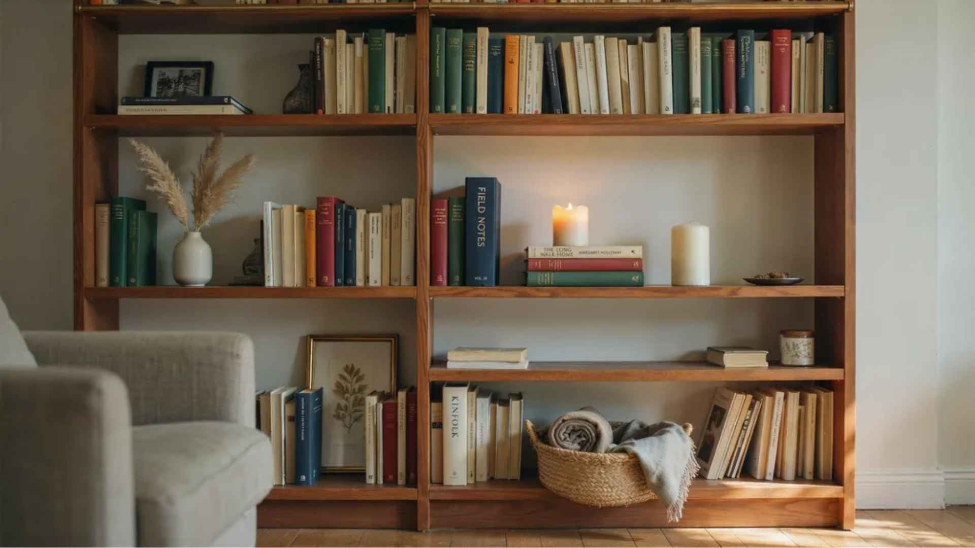 Lit candle placed among books and decor on a shelf