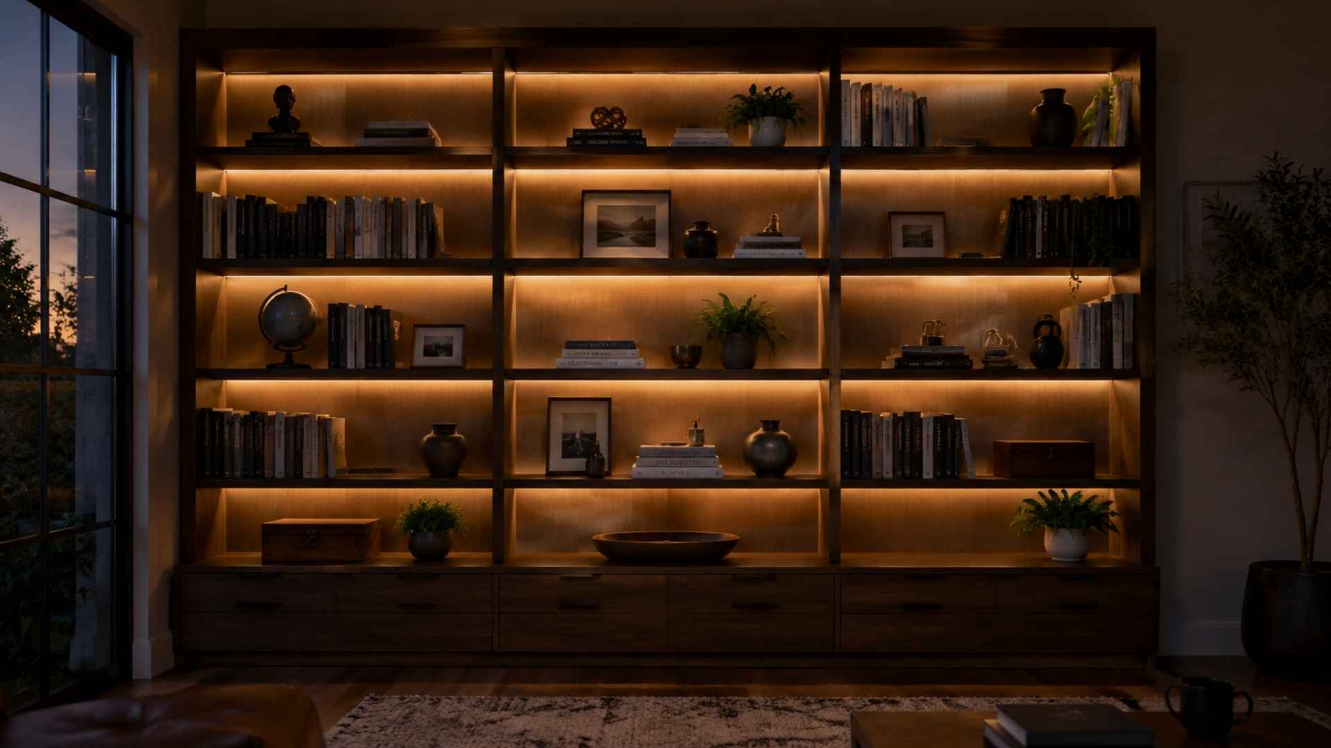 Warm LED strip lighting glowing along the underside of a shelf