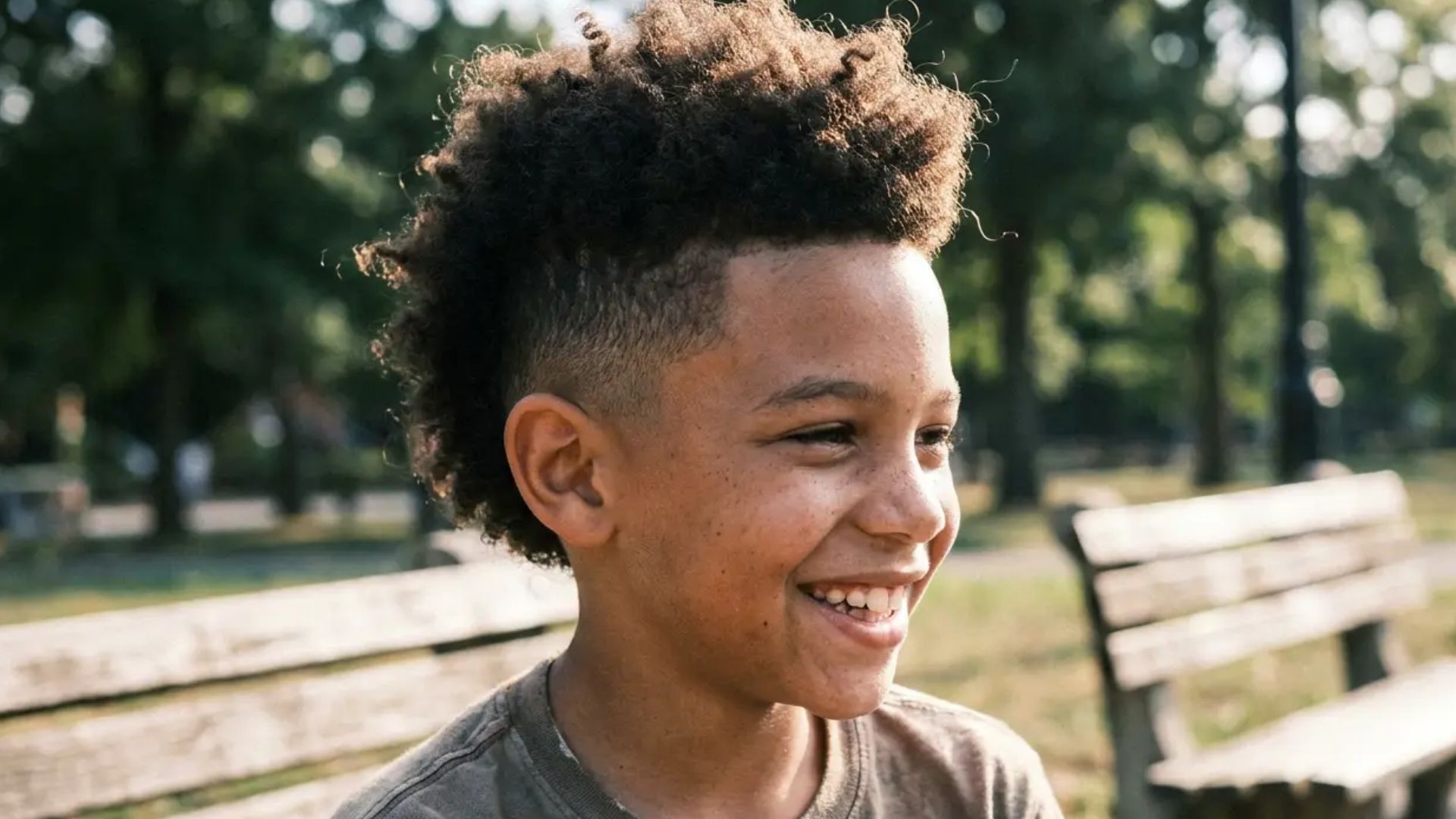 Boy with afro mohawk fade haircut featuring high textured curls on top and clean shaved faded sides, smiling outdoors in a sunny park setting.