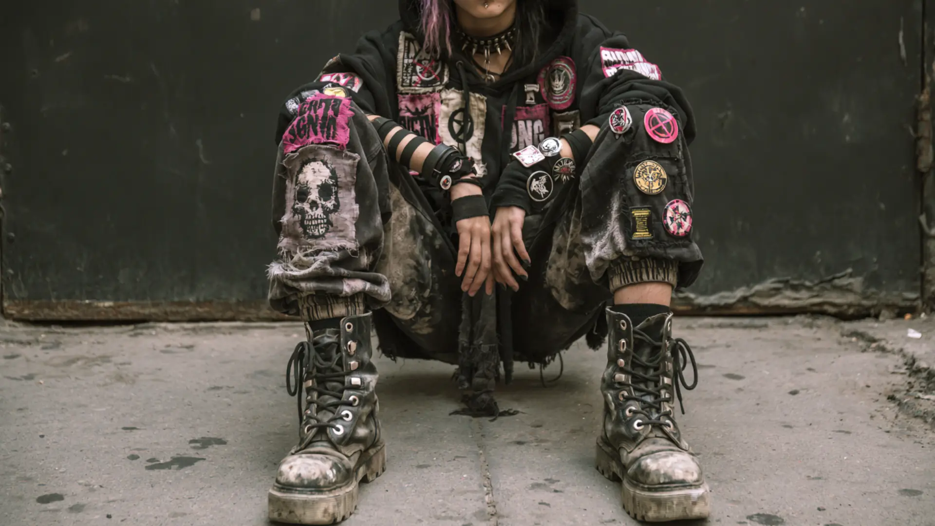 anarcho punk outfit with patched hoodie and distressed trousers