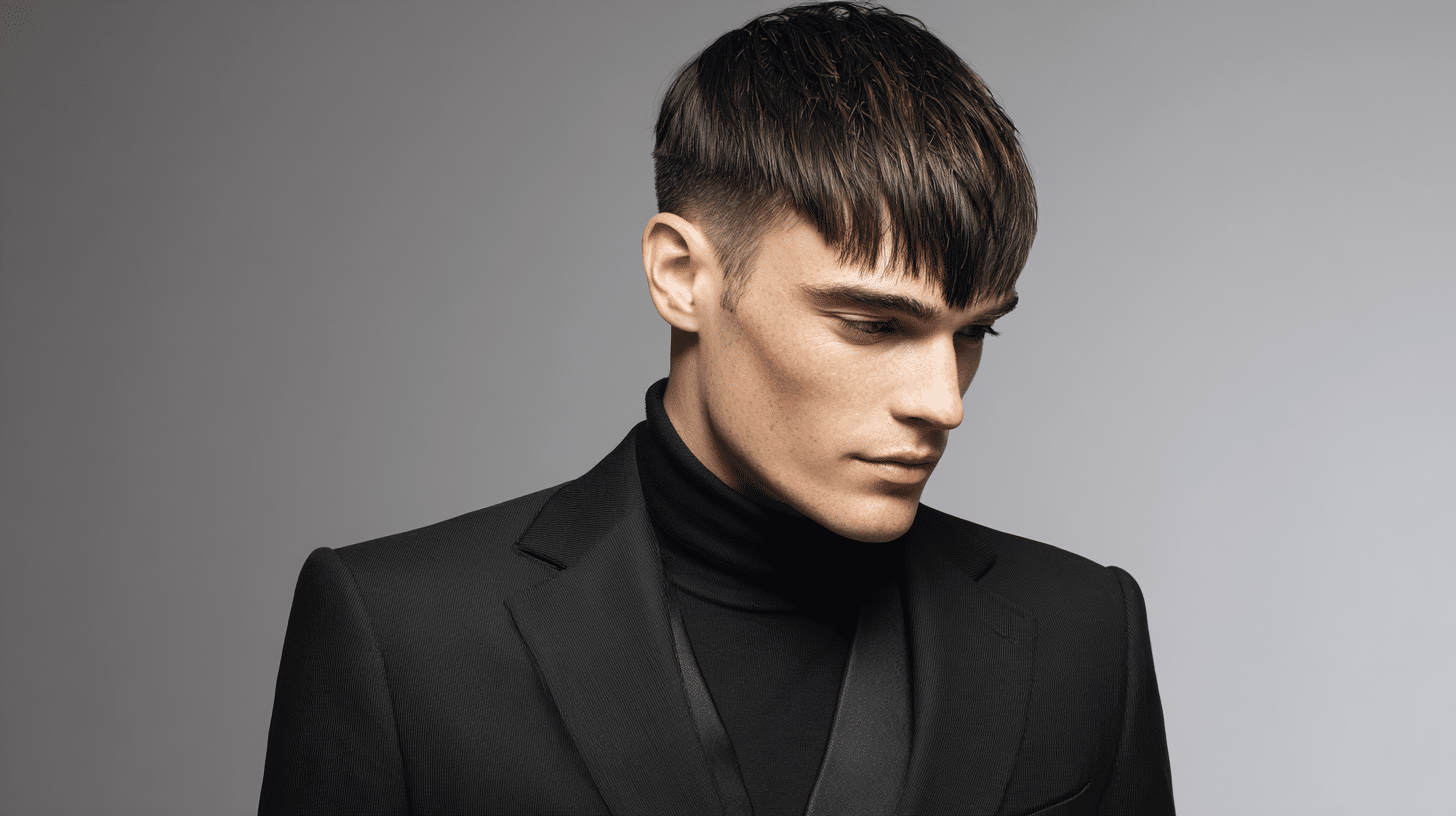 Man with angular fringe haircut and edgy geometric front layers