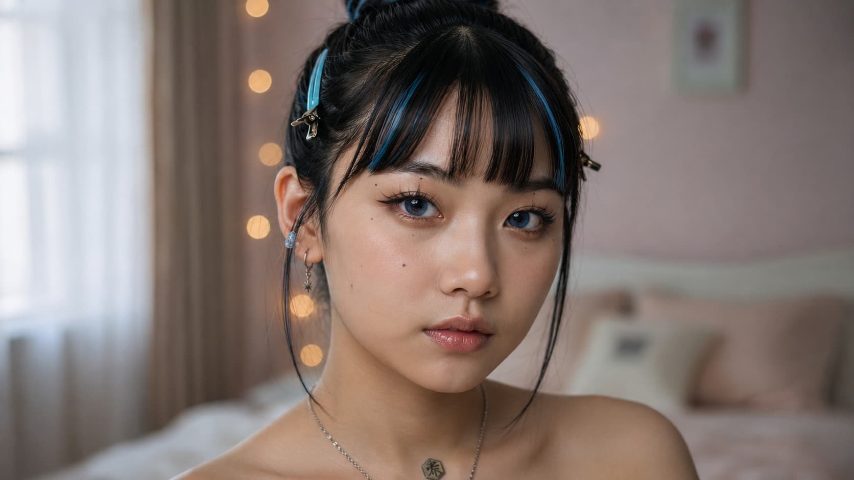 Woman with a high bun, blue-streaked bangs, soft winged liner, and a kanji pendant necklace.