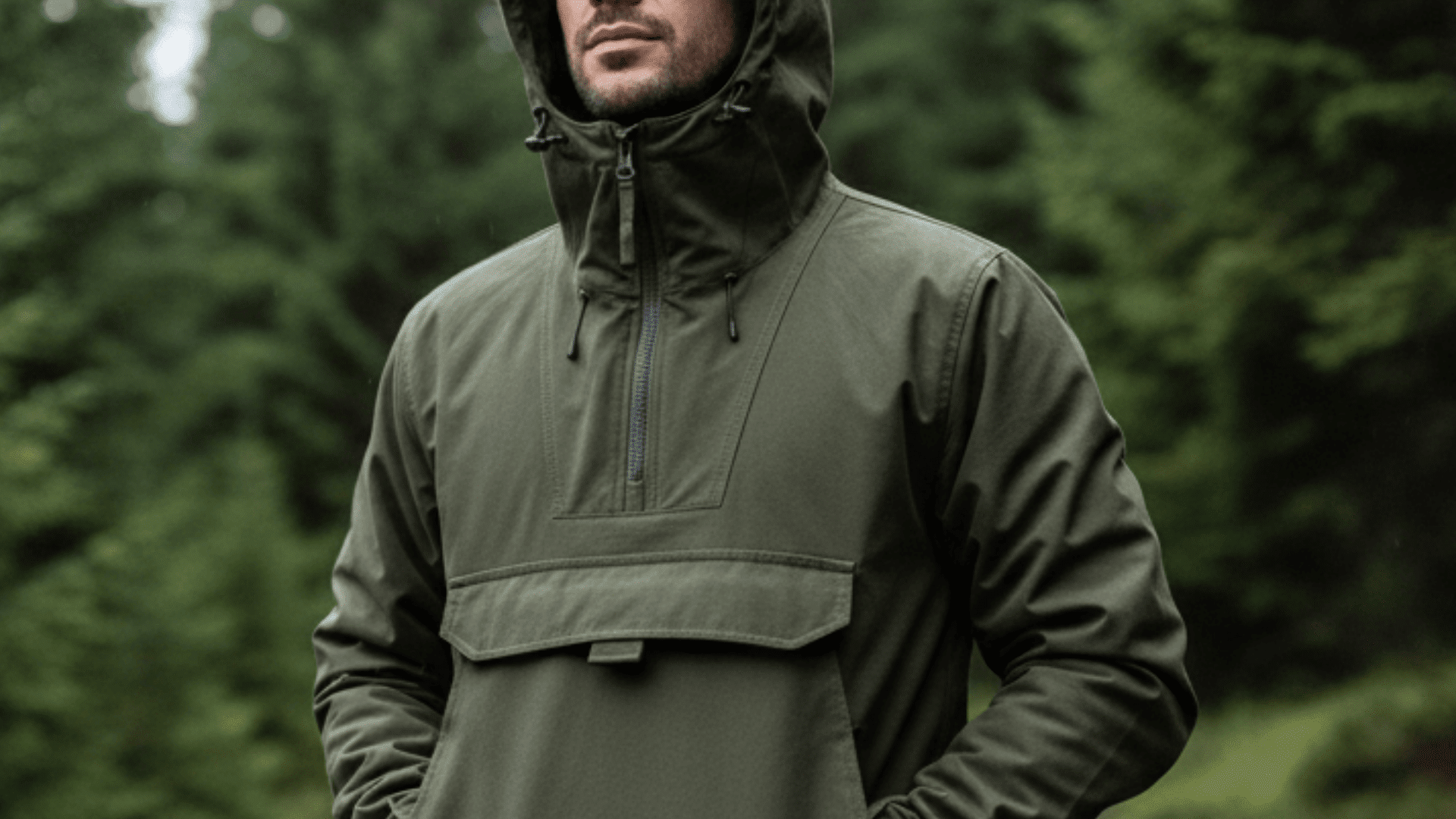 Hooded anorak jacket with pullover design for wind and water resistant protection