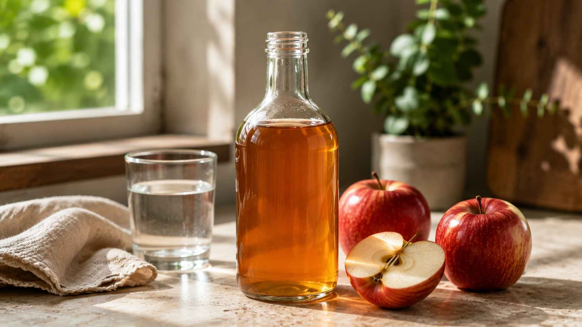 Apple cider vinegar bottle with fresh apples, water, and linen on a sunlit kitchen countertop nearby