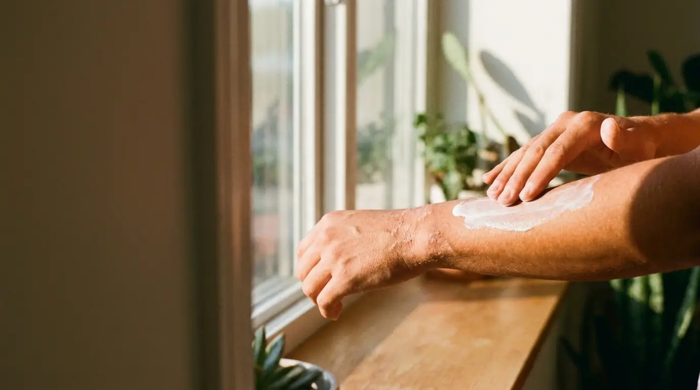 Hands applying lotion on forearm near sunlit window with plants in background
