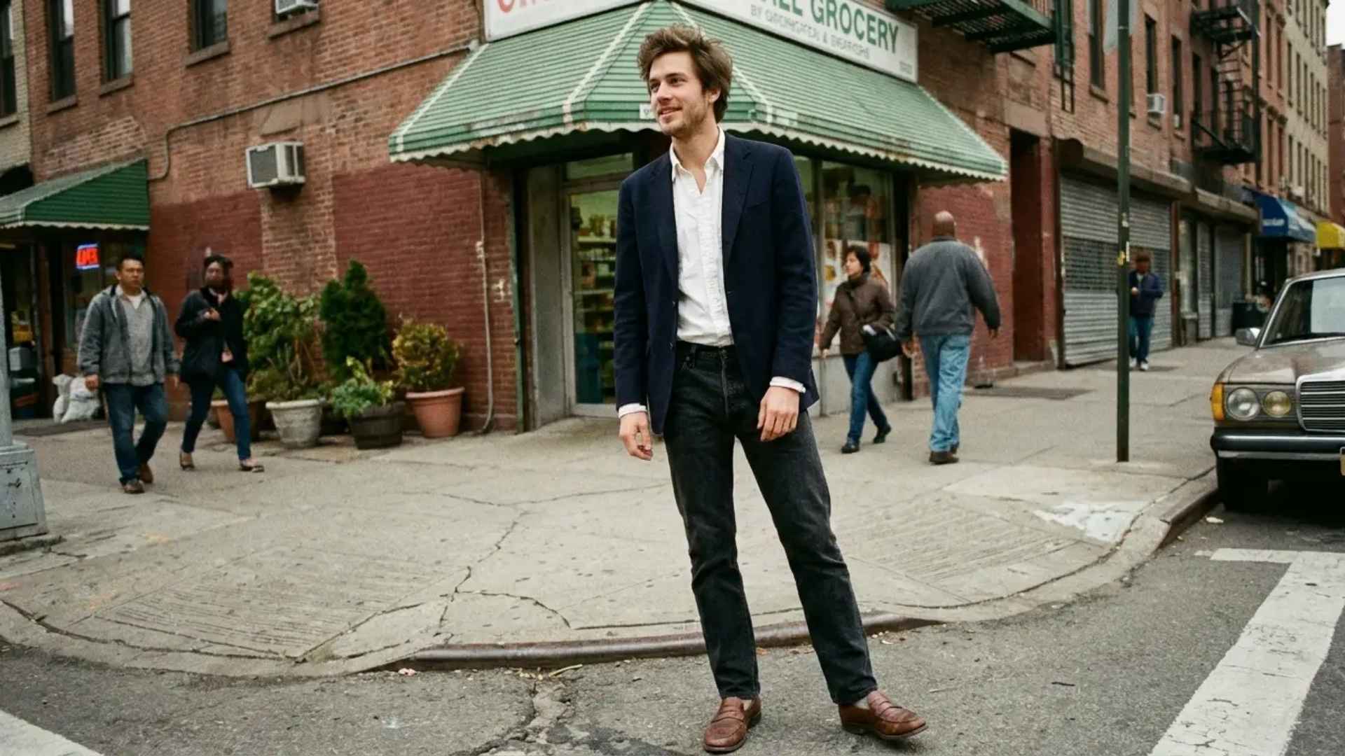 Man in navy blazer, white shirt, dark jeans, and brown loafers standing on city street