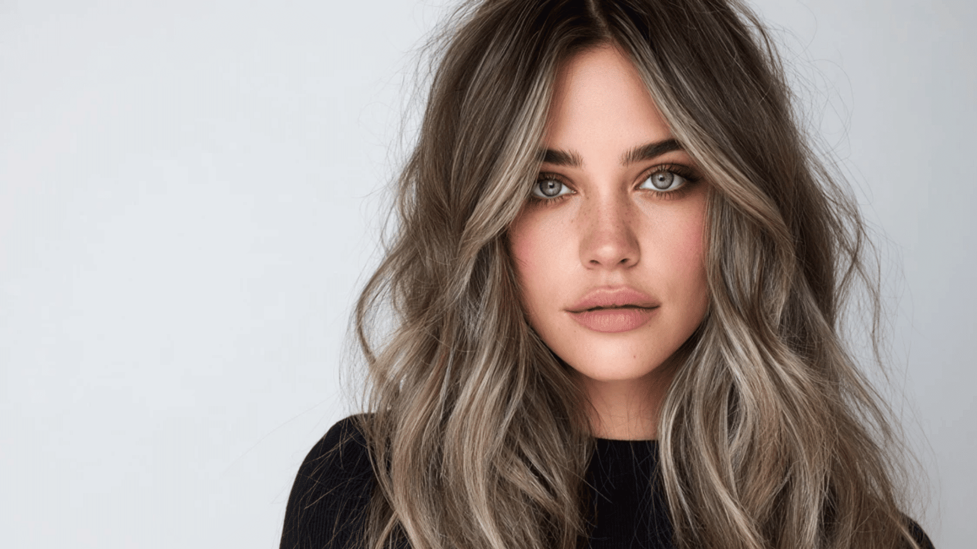 Ash brown balayage highlights framing curtain bang hairstyle