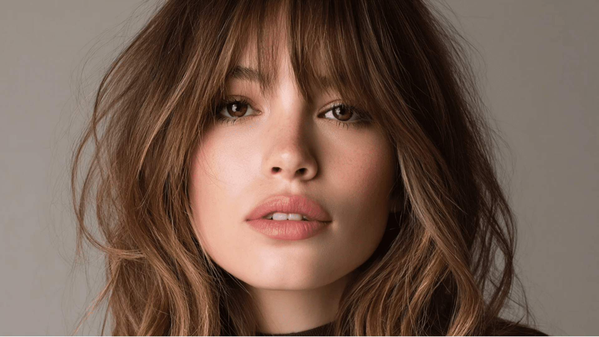 Ash brown balayage highlights enhancing a fringe bang hairstyle