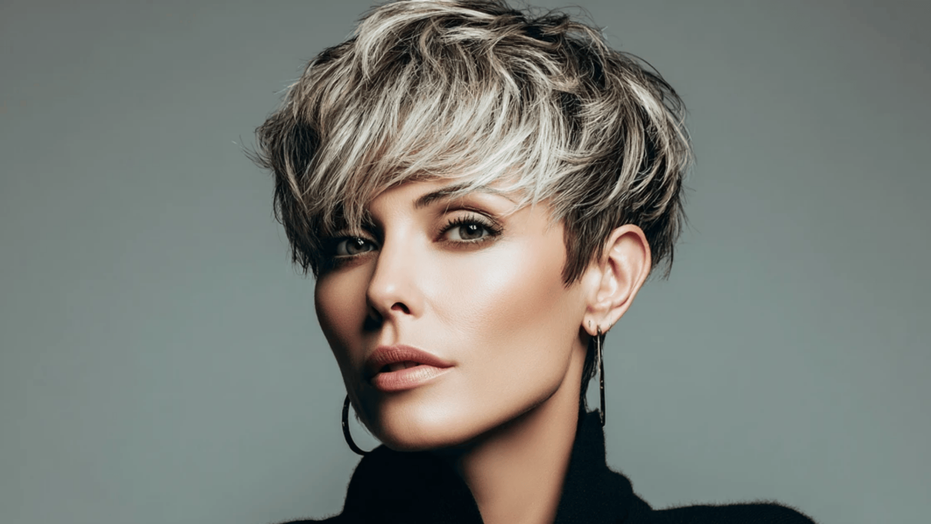 Short pixie cut with ash brown balayage highlights on top sections