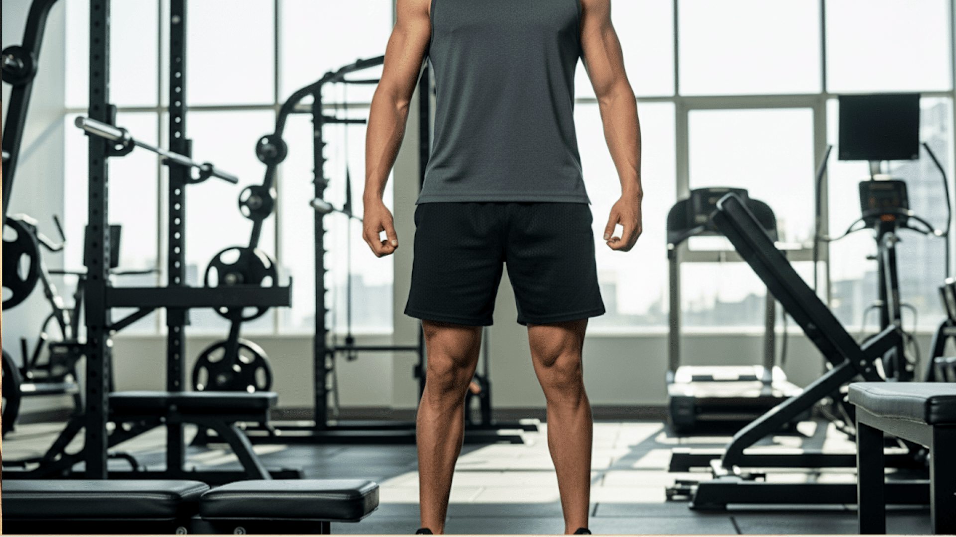 Man wearing lightweight athletic shorts with a performance t shirt and running shoes.