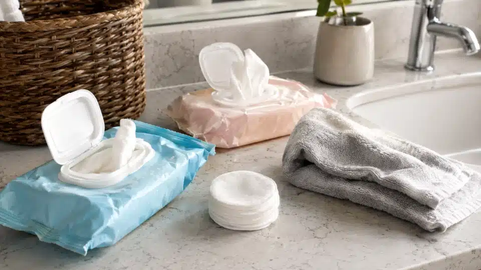 Baby wipes, makeup remover wipes, and cotton pads for removing hair dye stains.