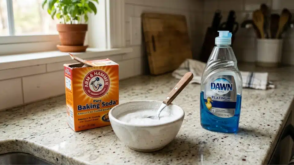 Baking soda, dish soap, and bowl used for a homemade hair dye remover.