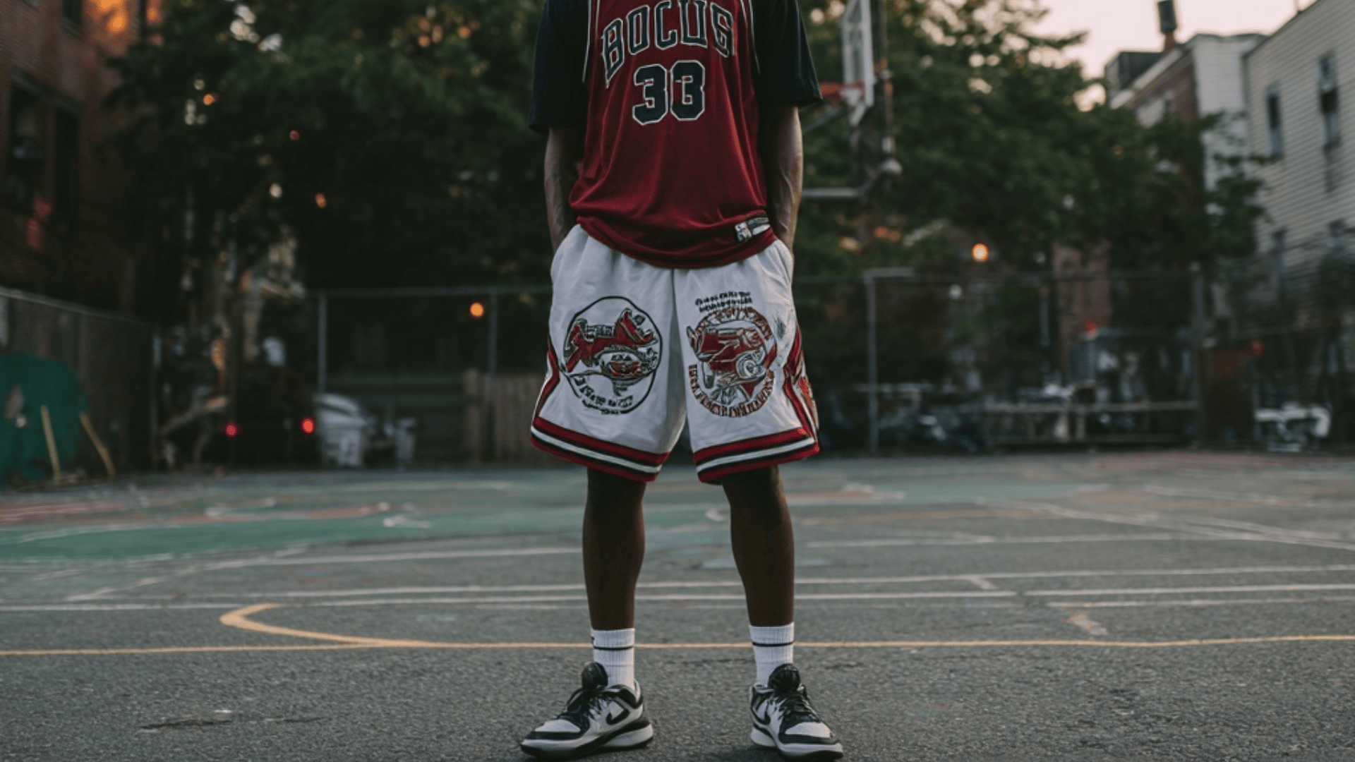 Man wearing loose basketball shorts with a sports jersey for an athletic streetwear look.