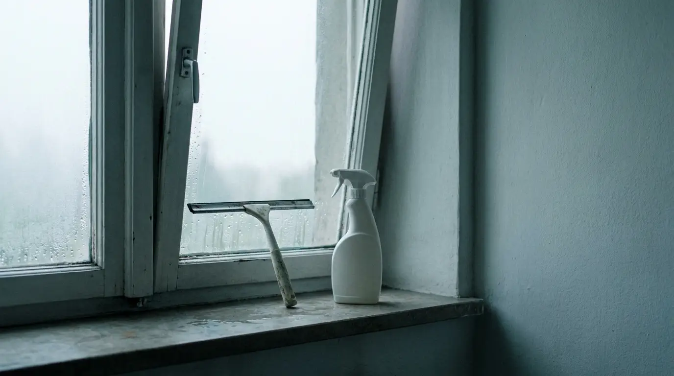 Foggy window with cleaning spray and squeegee on stone ledge in dim lighting