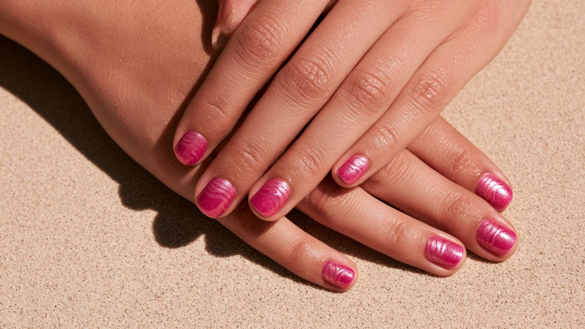 Shimmery pink nails with wave line nail art on sand.