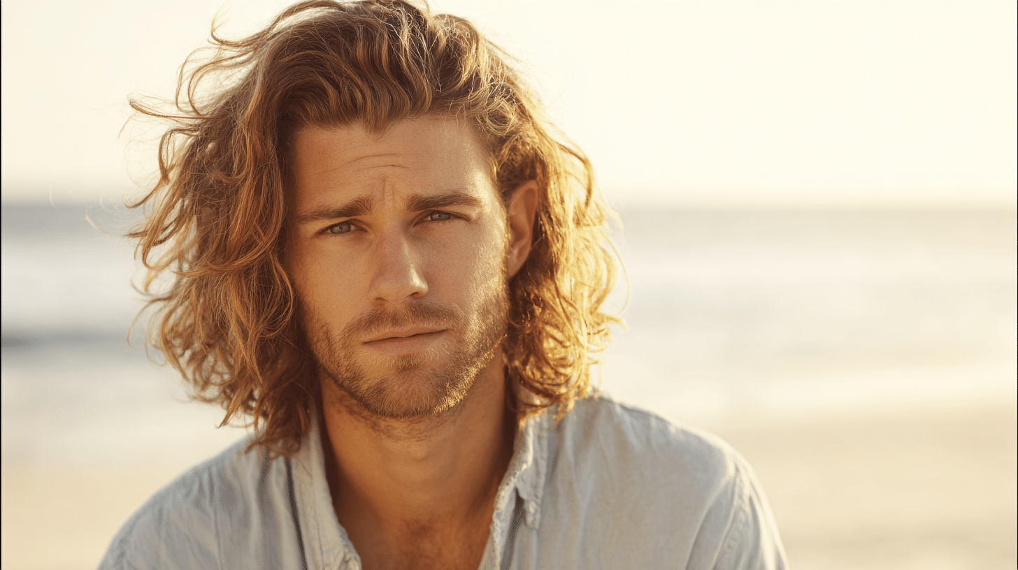 Beach wave perm for men with relaxed coastal curls and sun-kissed natural texture