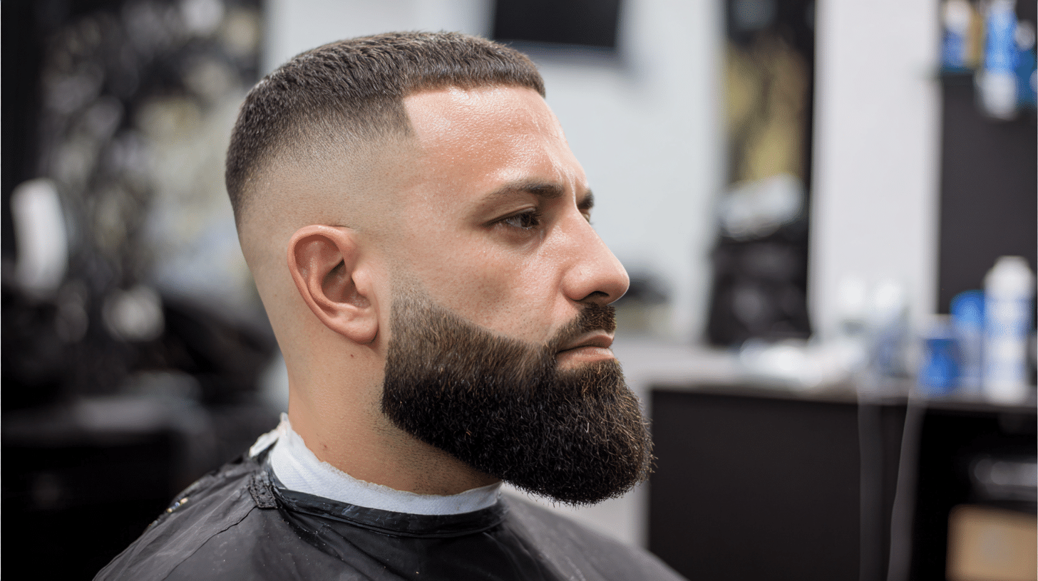 Man with a buzz fade and beard fade featuring smooth blended facial hair.