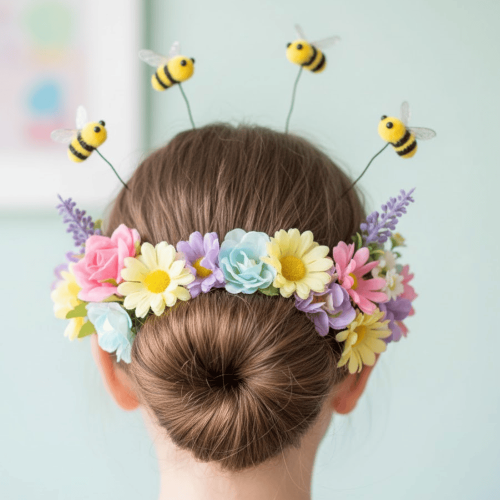 Child with flower bun hairstyle featuring colorful flowers and bee accessories for a garden theme.