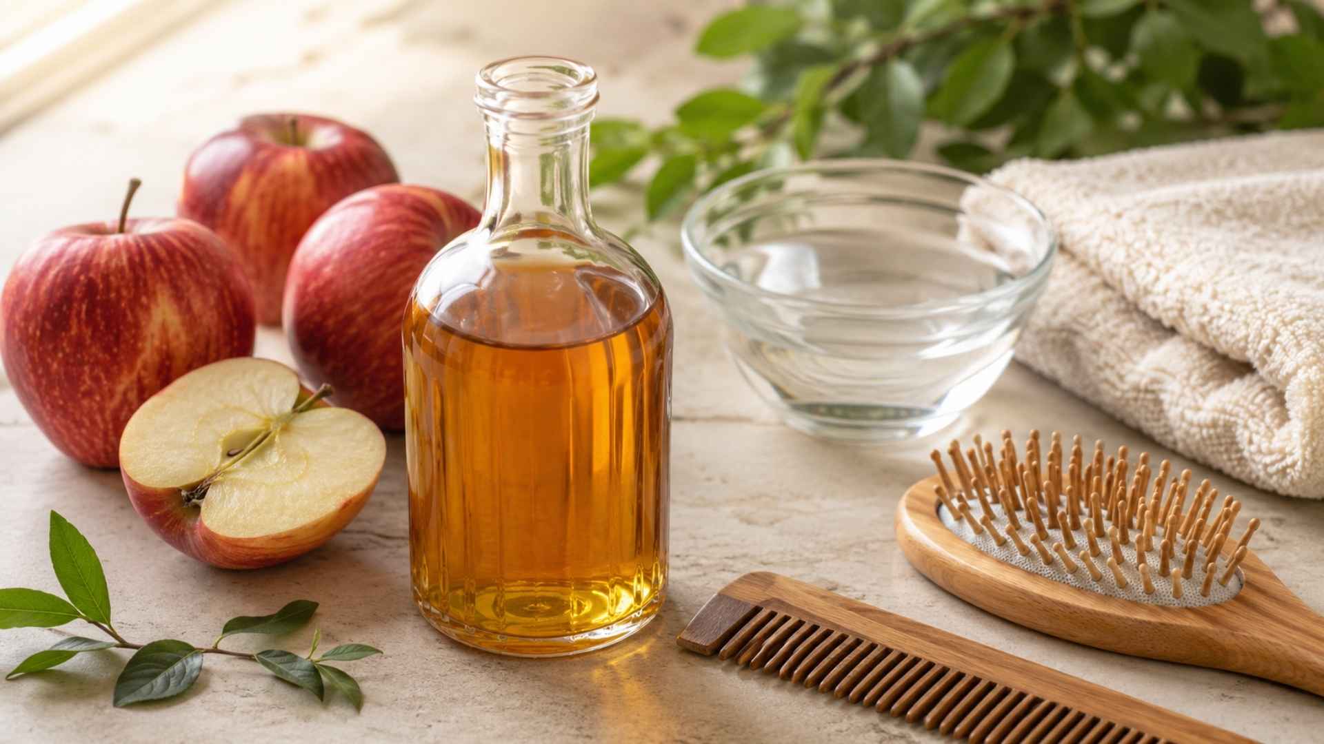 Apple cider vinegar hair rinse setup with glass bottle apples wooden comb and towel on a bright natural bathroom surface