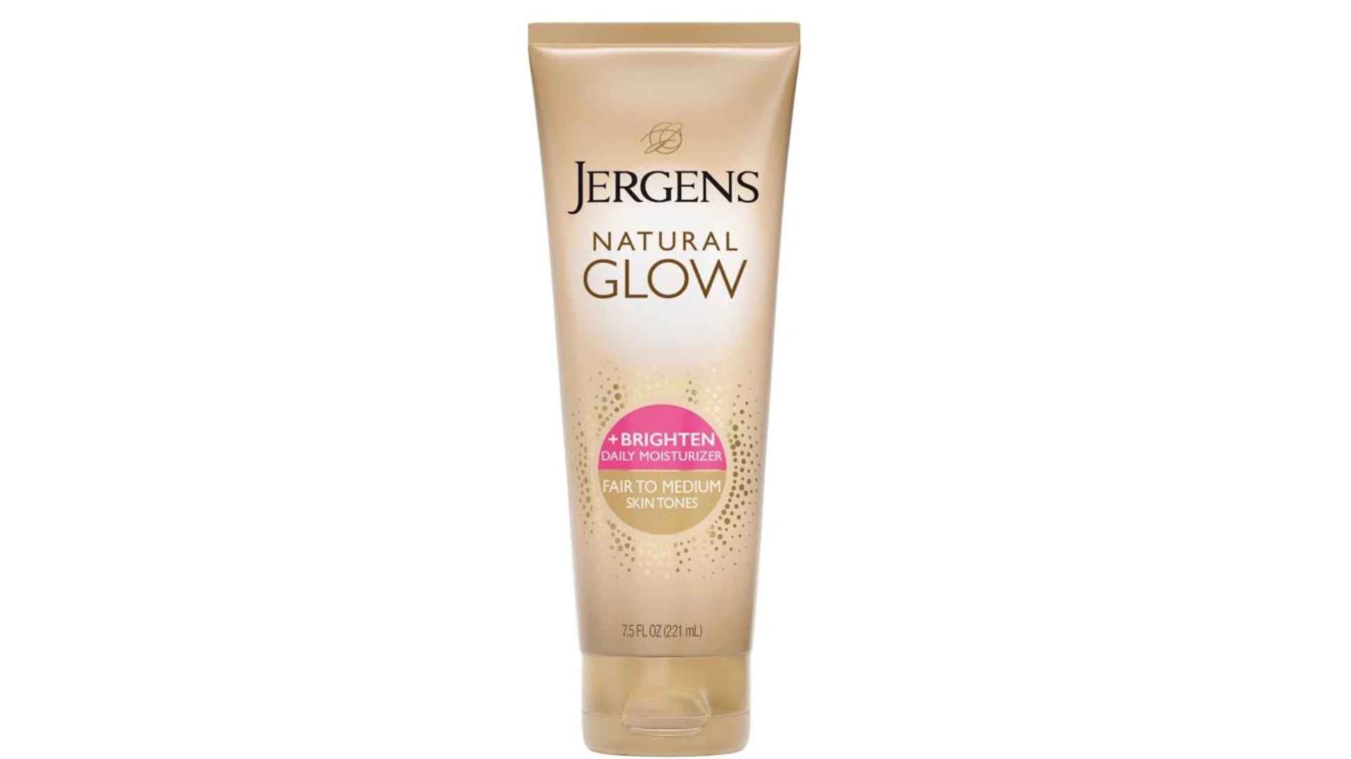 Jergens Natural Glow daily moisturizer tube for fair to medium skin tones with gradual tanning formula.