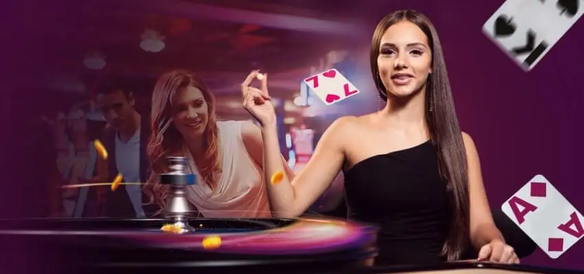 Woman in black dress playing roulette with playing cards floating around in a casino setting