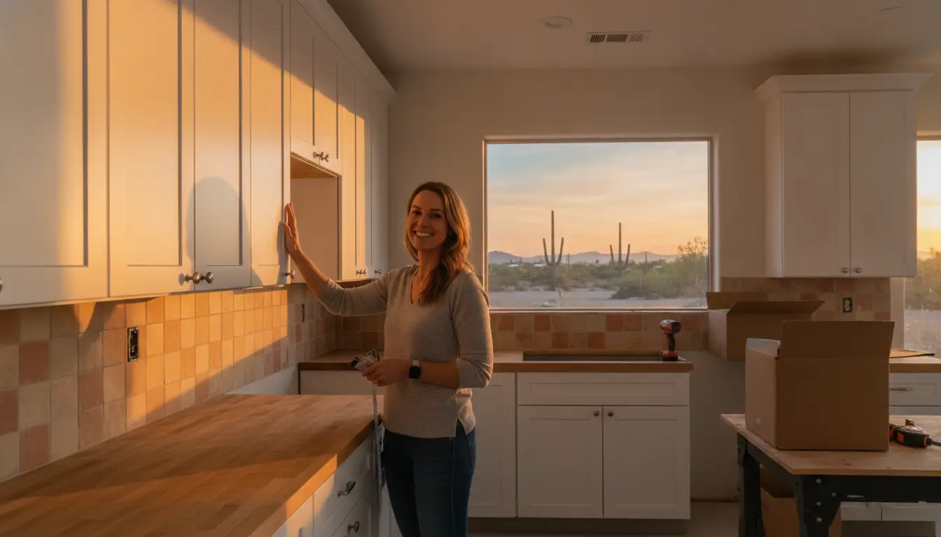 Woman standing in newly installed kitchen with wooden countertops and desert view at sunset