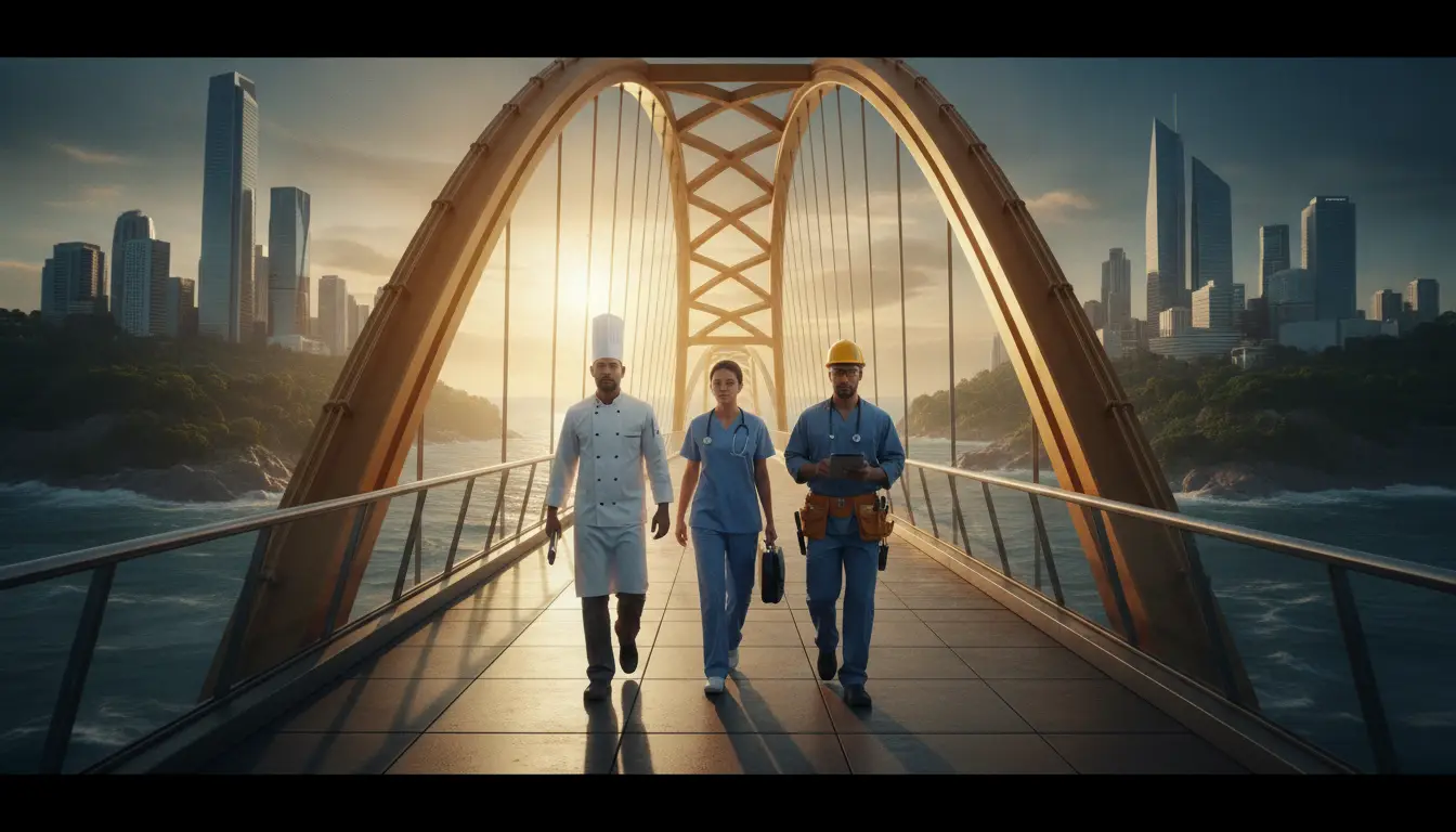 Three professionals walking on a bridge at sunrise with city skyline in the background